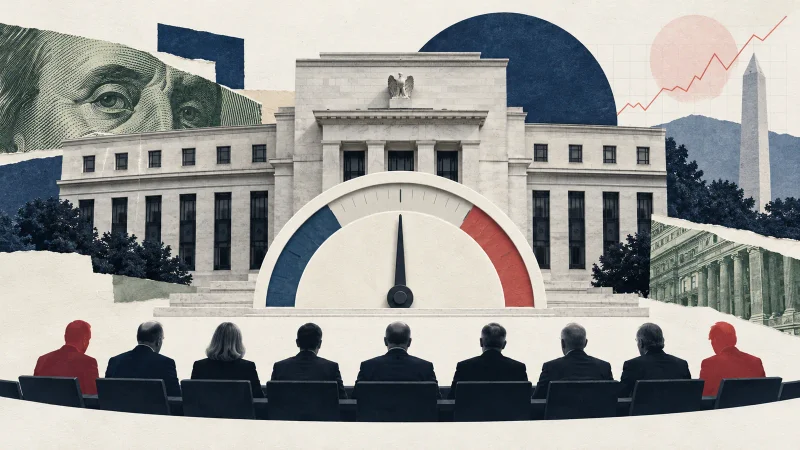 Colagem minimalista com banco central, gráfico de juros, dólar e dois votos divergentes