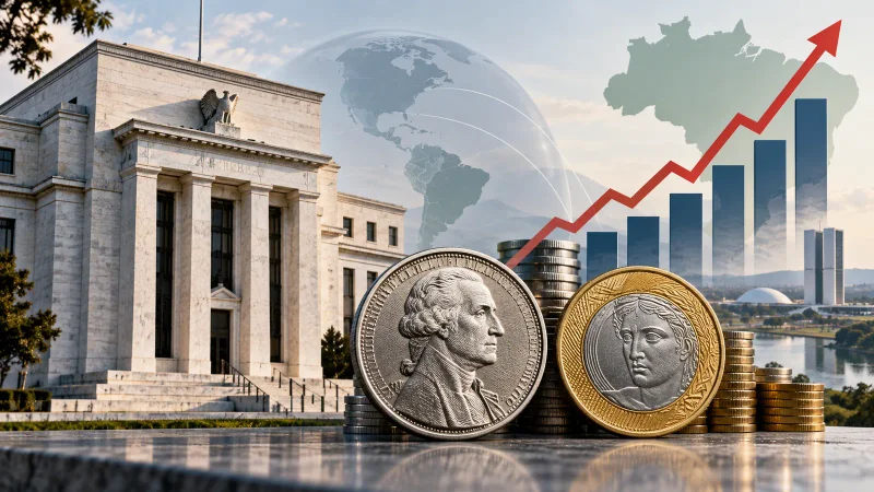 Colagem com prédio do Federal Reserve, dólar, real e gráfico de juros em alta