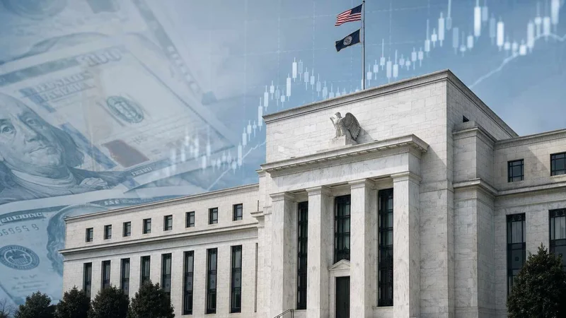 Fachada do Federal Reserve em Washington com notas de dólar e gráfico financeiro ao fundo.