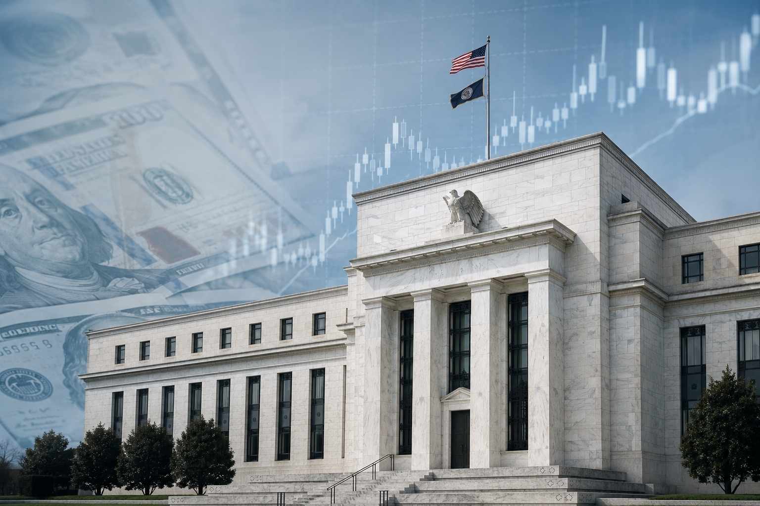 Fachada do Federal Reserve em Washington com notas de dólar e gráfico financeiro ao fundo.
