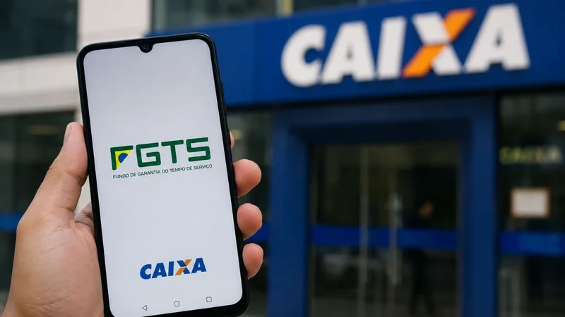 Aplicativo do FGTS aberto em um celular diante de uma agência da Caixa Econômica Federal.