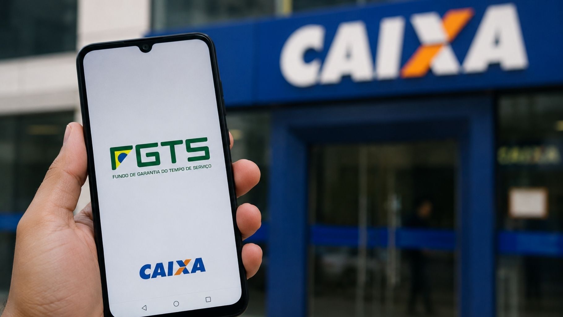 Aplicativo do FGTS aberto em um celular diante de uma agência da Caixa Econômica Federal.