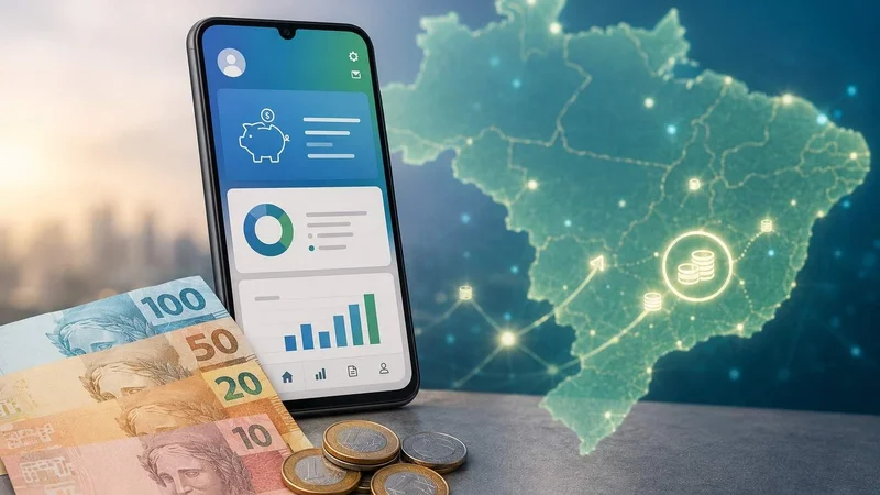 Cédulas de real ao lado de celular com aplicativo financeiro e mapa digital do Brasil ao fundo.