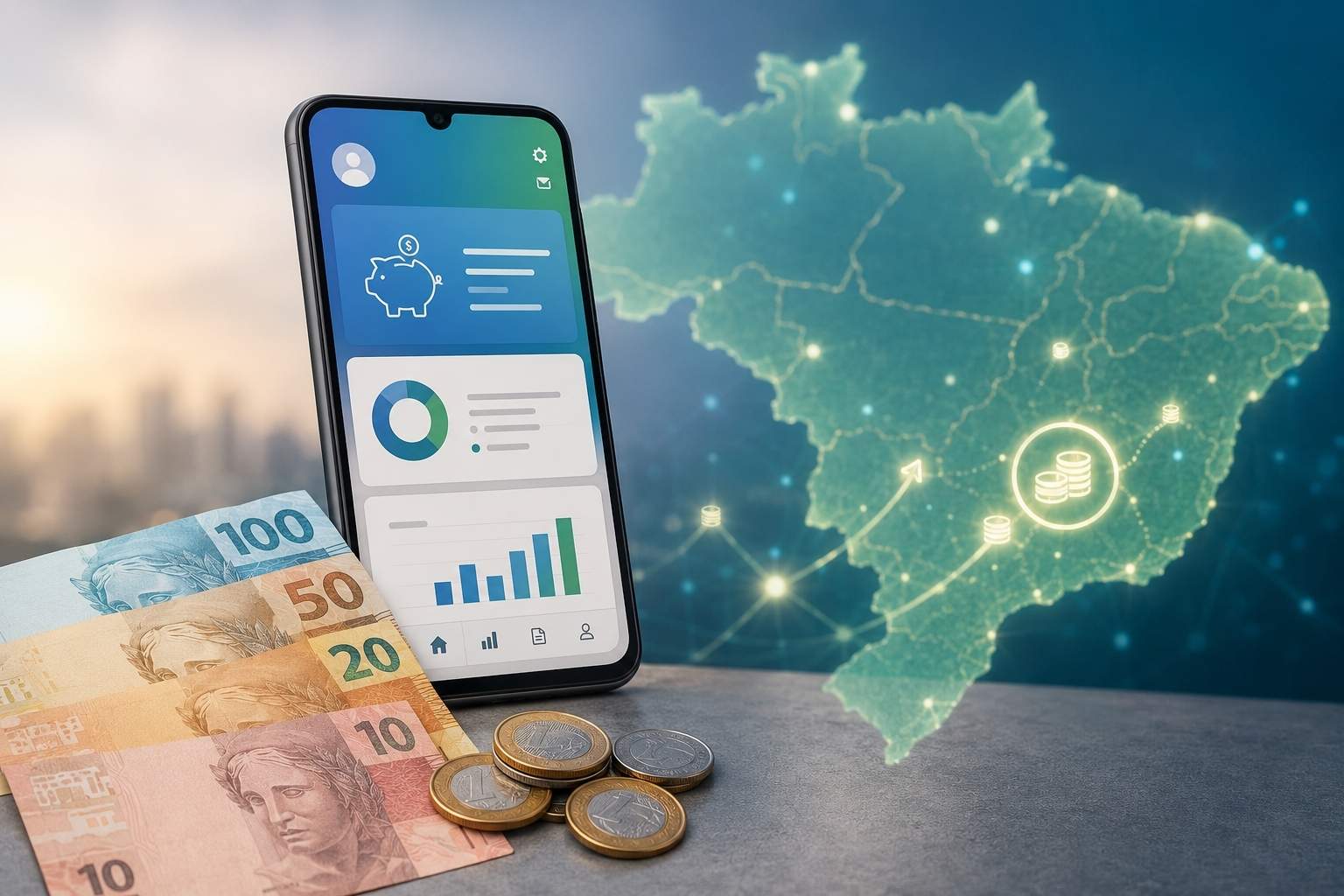 Cédulas de real ao lado de celular com aplicativo financeiro e mapa digital do Brasil ao fundo.