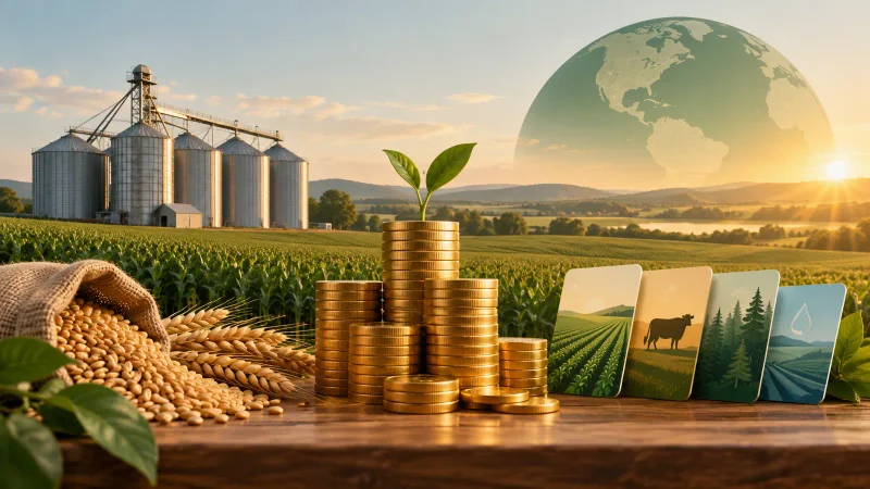 Colagem clean com lavoura, silo e rendimentos de fundos do agronegócio