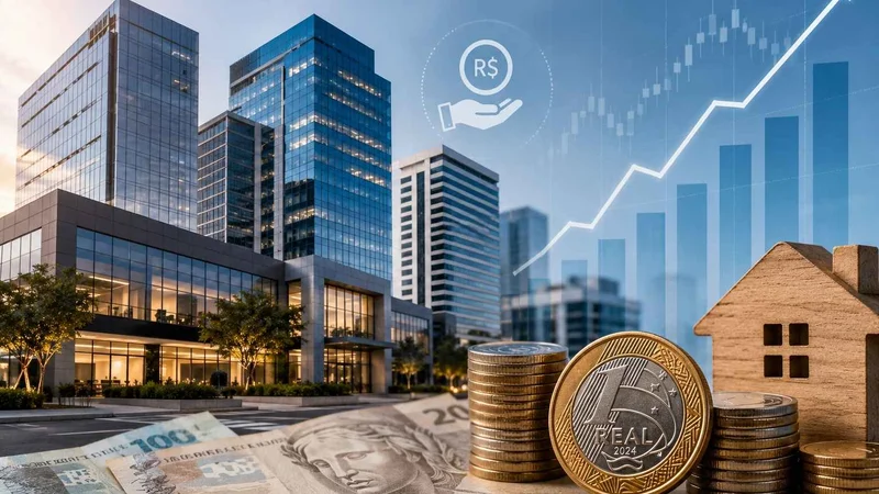 Prédios comerciais, moedas, cédulas de real e gráfico de alta em composição sobre dividendos de fundos imobiliários.