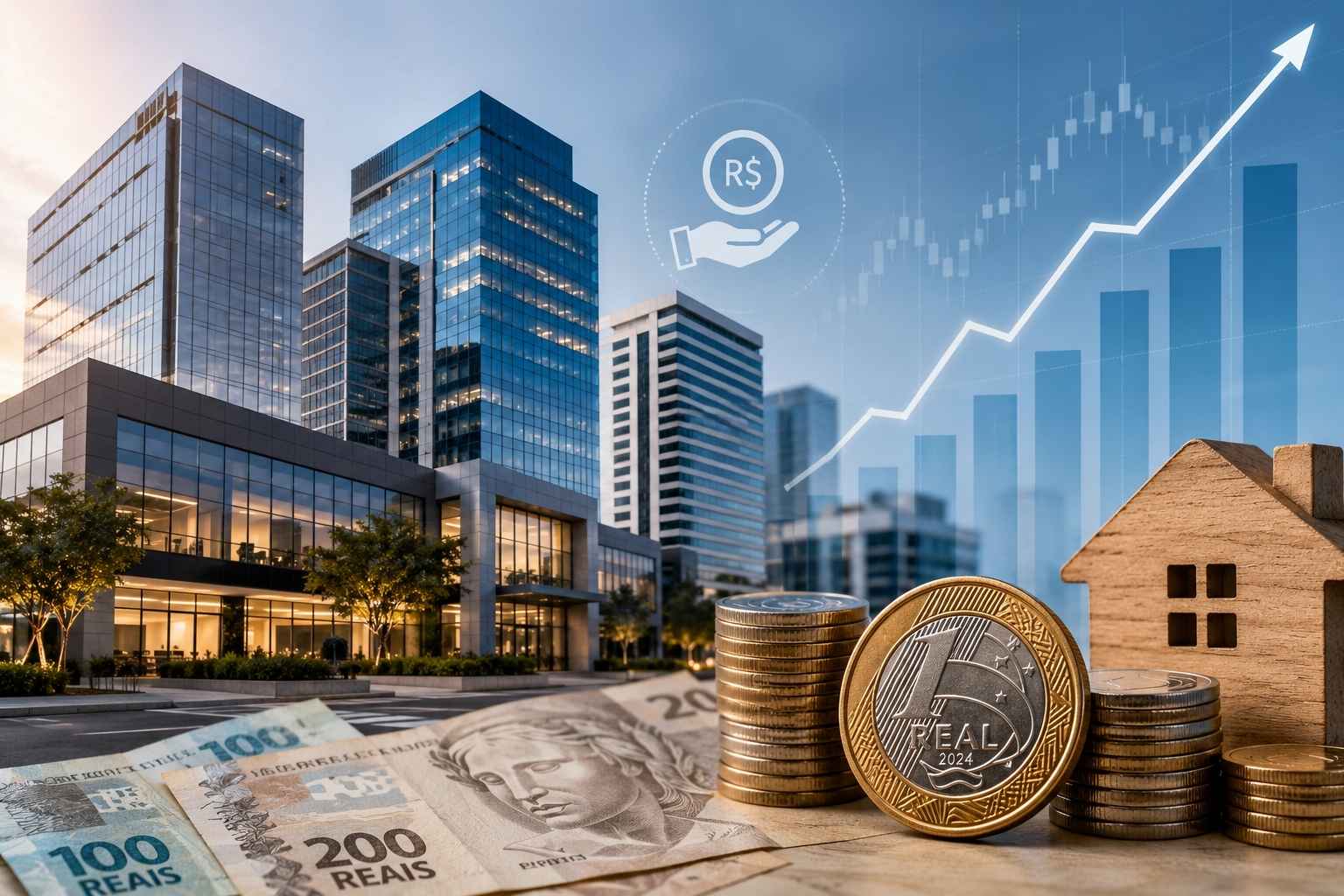 Prédios comerciais, moedas, cédulas de real e gráfico de alta em composição sobre dividendos de fundos imobiliários.