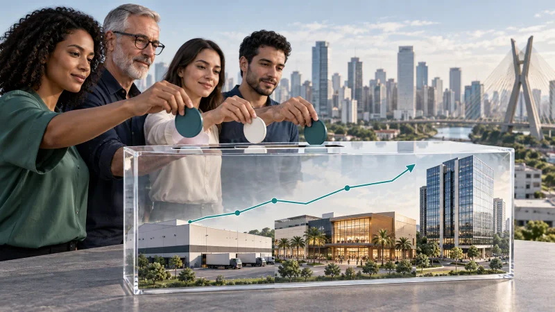 Investidores diante de uma carteira com galpão, shopping e edifício corporativo