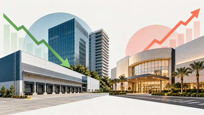 Galpão logístico e shopping com linhas representando queda e alta do endividamento dos FIIs