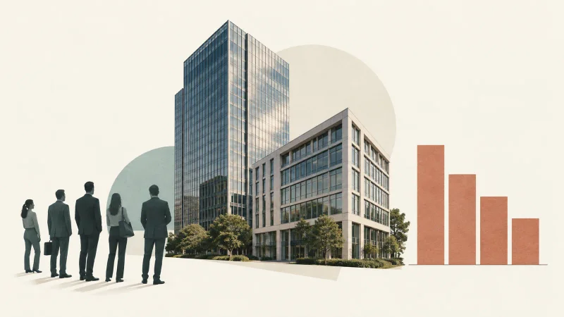 Colagem ilustrativa com edifícios comerciais, investidores e barras abstratas descendentes.