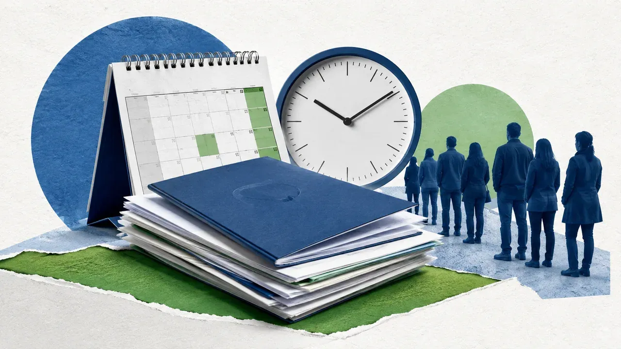 Colagem minimalista com documentos, calendário, relógio e fila representando a espera por benefícios do INSS