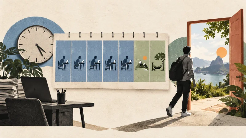 Colagem minimalista com calendário de cinco dias de trabalho, dois dias de descanso, relógio e trabalhador saindo do escritório