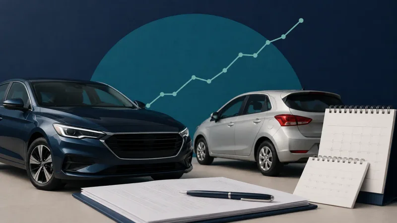 Colagem minimalista com carros novo e usado, contrato e calendário sobre o crescimento do financiamento de veículos