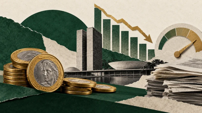 Colagem editorial com moedas de real, Congresso, papéis fiscais e gráfico de desaceleração econômica