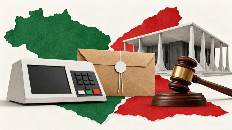 Colagem minimalista com urna eletrônica, envelope de resultado e martelo da Justiça