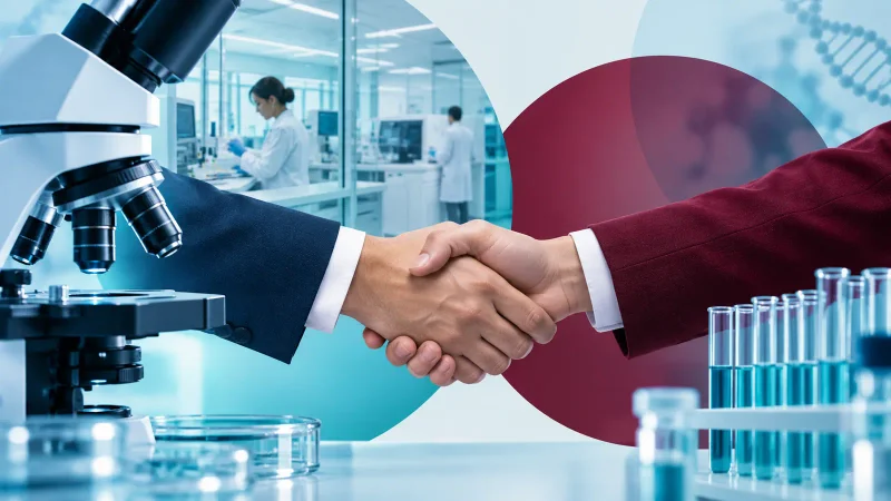 Colagem clean com laboratório, microscópio e aquisição corporativa