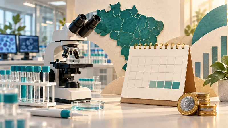 Colagem de laboratório, calendário e moedas ilustra o pagamento antecipado de JCP da Fleury