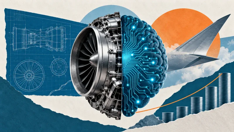 Colagem clean com desenho CAD, componente aeroespacial e circuito de IA