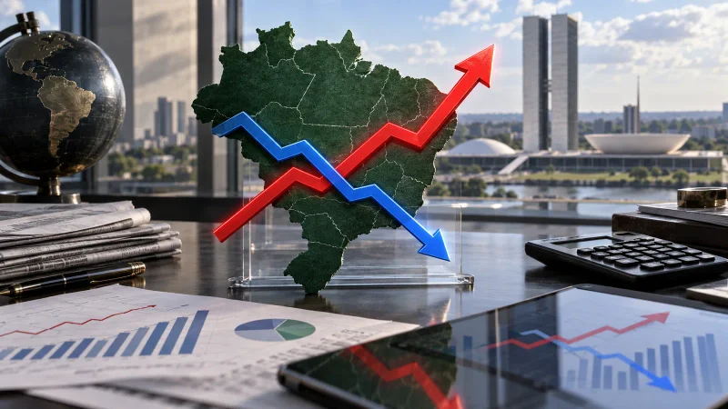 Mapa do Brasil com gráfico de inflação em alta e atividade em queda sobre mesa de análise econômica