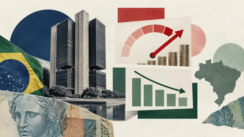 Colagem clean com Banco Central, inflação em alta e atividade em desaceleração