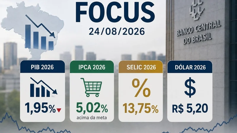 Mercado reduz projeção do PIB brasileiro para 1,95% em 2026. Focus mantém IPCA em 5,02%, Selic em 13,75% e dólar a R$ 5,20.