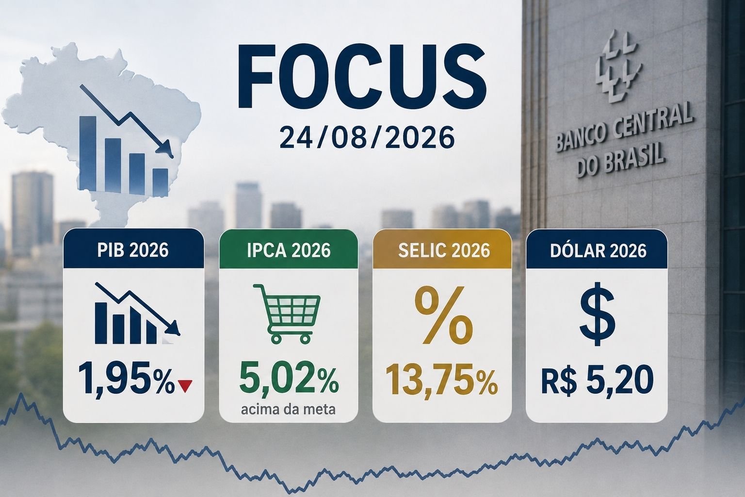 Mercado reduz projeção do PIB brasileiro para 1,95% em 2026. Focus mantém IPCA em 5,02%, Selic em 13,75% e dólar a R$ 5,20.