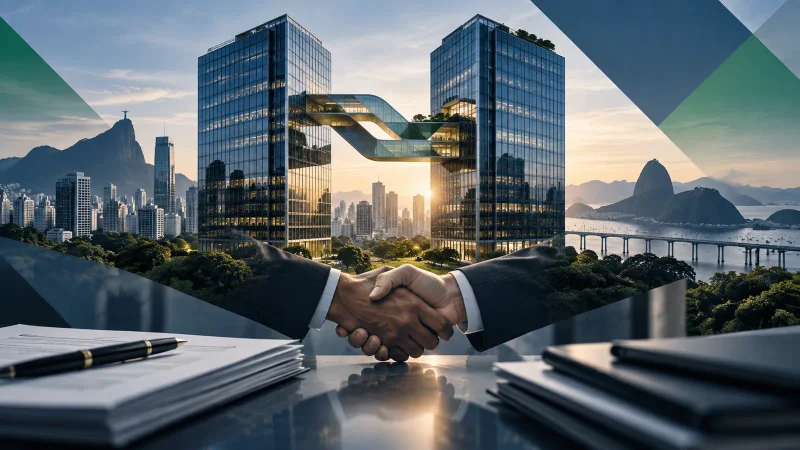 Torres empresariais conectadas e aperto de mãos representando fusões e aquisições no Brasil