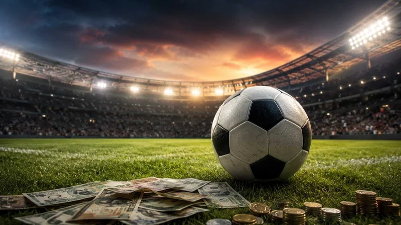 Bola de futebol em estádio cercada por cédulas e moedas, representando o impacto econômico do esporte.