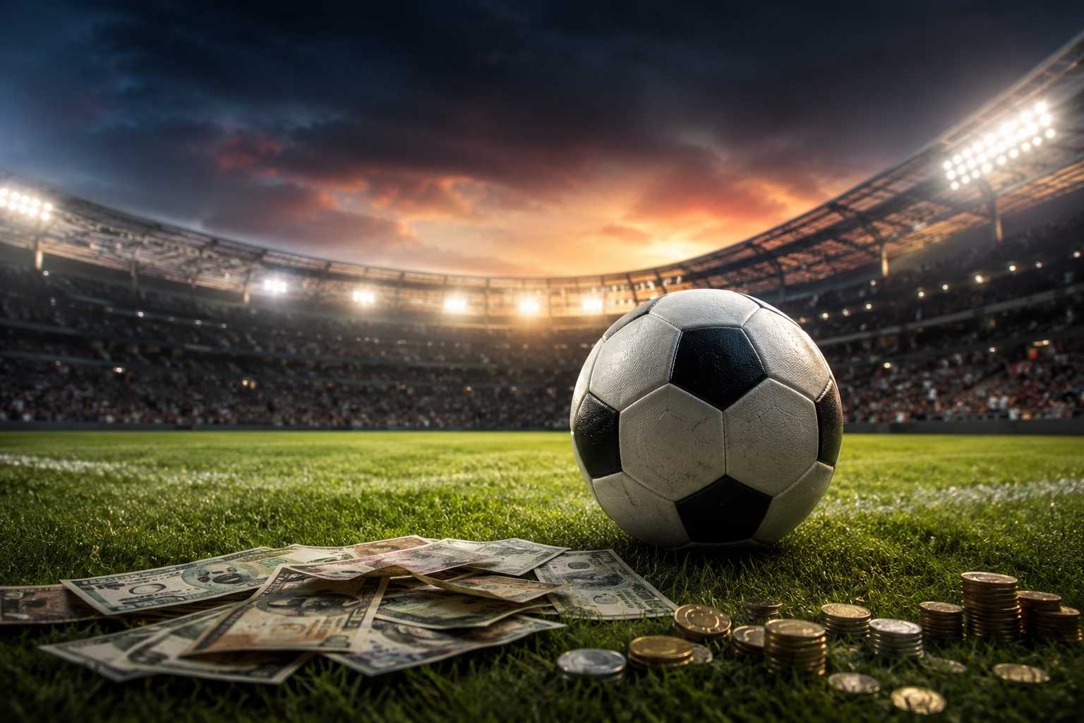 Bola de futebol em estádio cercada por cédulas e moedas, representando o impacto econômico do esporte.