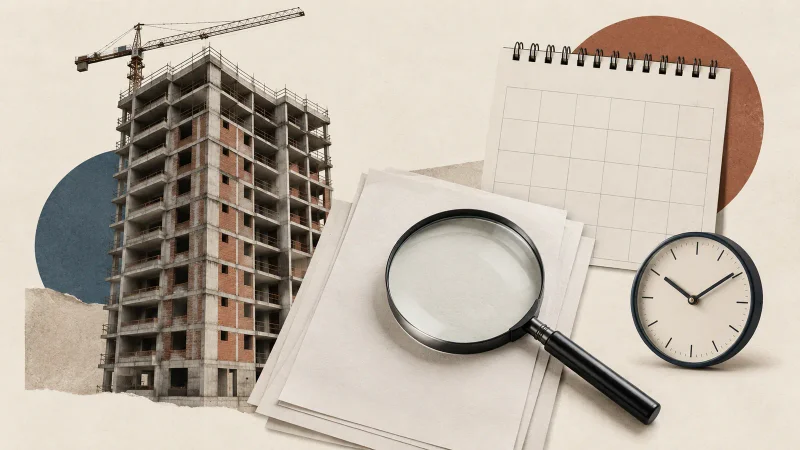 Edifício inacabado, calendário, relógio e auditoria em colagem editorial