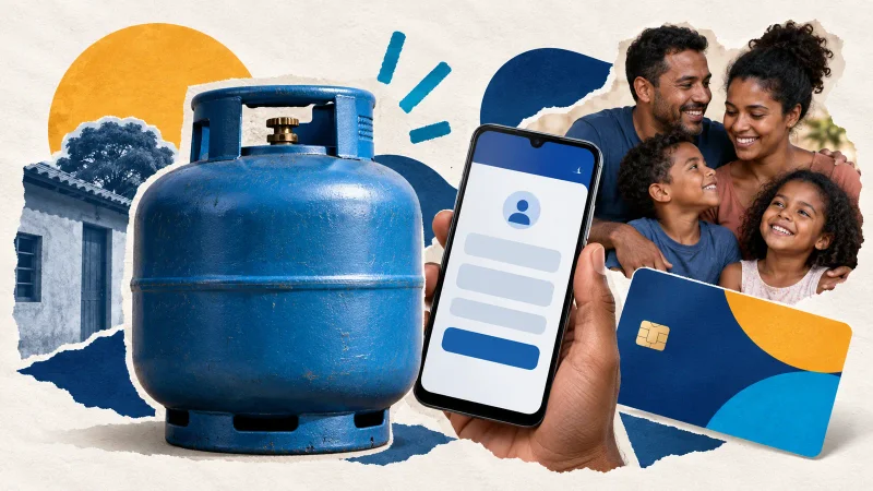 Colagem mostra botijão de gás, celular e cartão social para representar a consulta ao vale do Gás do Povo