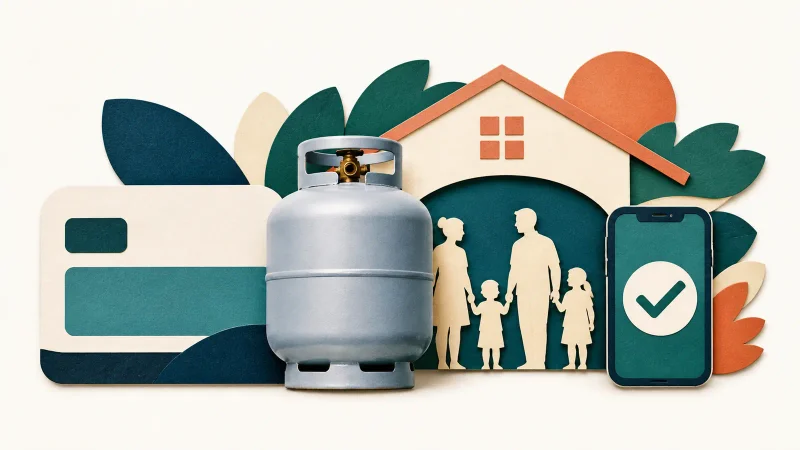 Botijão de gás, cartão, família e celular representam o vale do Gás do Povo em setembro de 2026