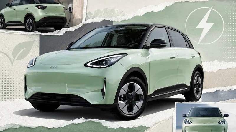 Geely EX2 elétrico em destaque em composição estilo colagem, com elementos visuais que remetem à mobilidade elétrica.
