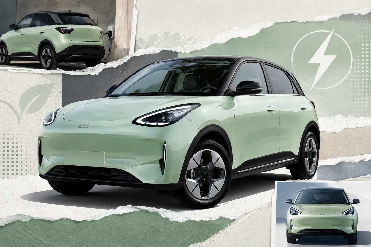 Geely EX2 elétrico em destaque em composição estilo colagem, com elementos visuais que remetem à mobilidade elétrica.