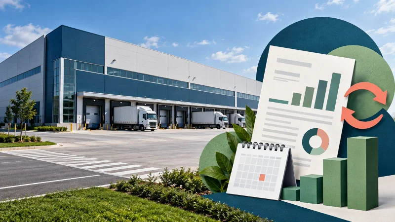 Galpão logístico com relatório e calendário representando os resultados e a recompra de cotas do GGRC11