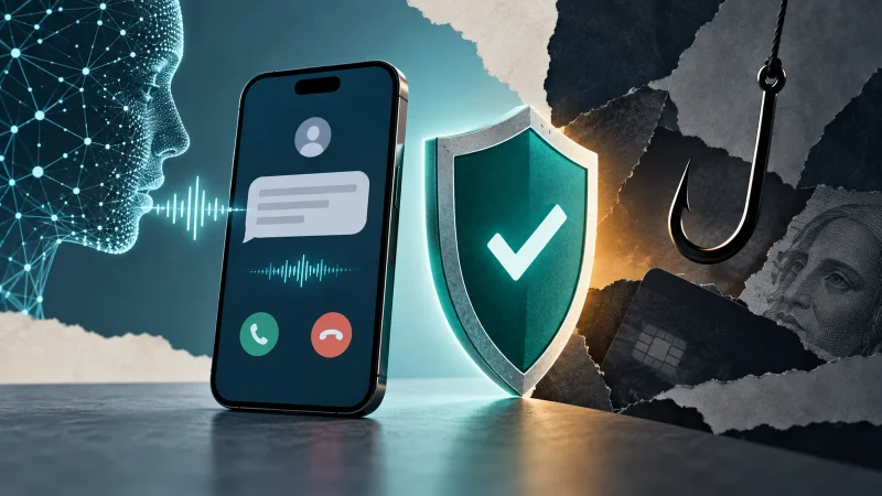 Celular, rede de inteligência artificial, escudo de proteção e anzol de phishing em colagem editorial