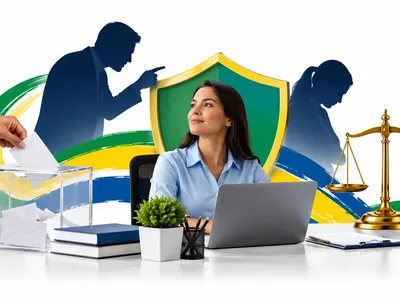 Colagem minimalista com trabalhadora, urna, escudo, balança da Justiça e cores do Brasil