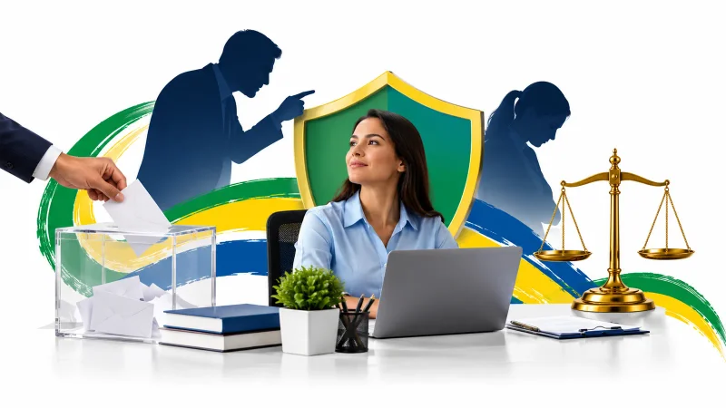 Colagem minimalista com trabalhadora, urna, escudo, balança da Justiça e cores do Brasil