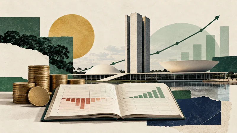 Colagem minimalista com Congresso Nacional, livro contábil, moedas e gráfico fiscal mudando do vermelho para o verde