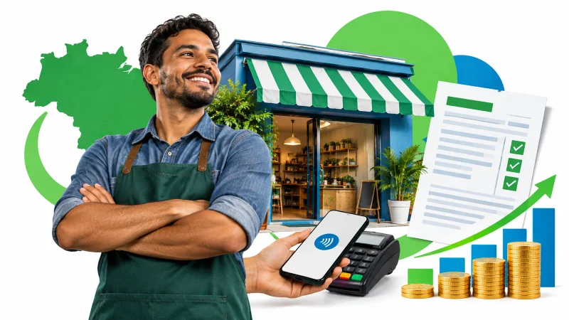 Colagem minimalista com pequeno comerciante, loja, pagamento e documento tributário