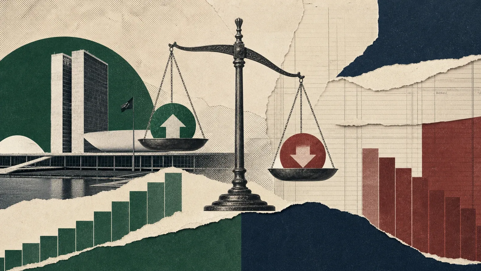 Colagem editorial com Congresso Nacional, balança e gráficos fiscais positivos e negativos