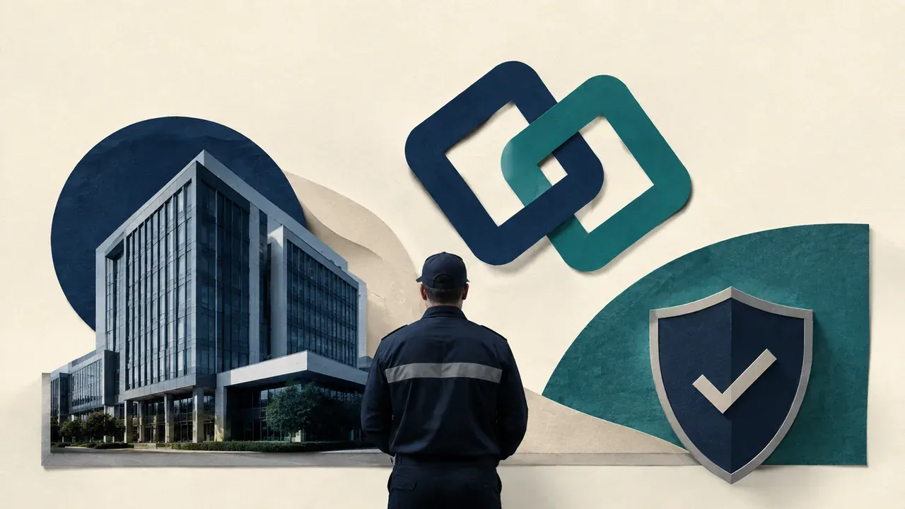 Colagem minimalista com prédio corporativo, profissional de segurança e formas interligadas representando aquisição da GPS
