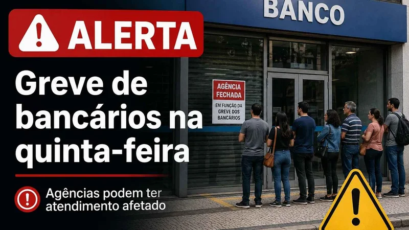 Agência bancária fechada com fila de clientes e alerta sobre greve de bancários na quinta-feira.