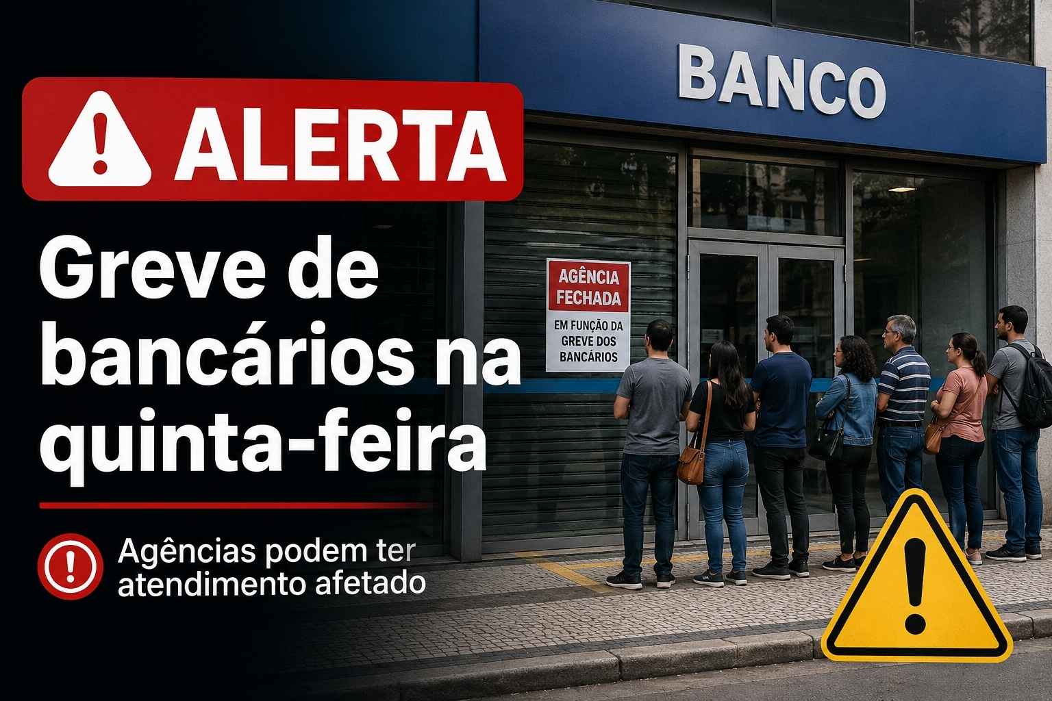 Agência bancária fechada com fila de clientes e alerta sobre greve de bancários na quinta-feira.