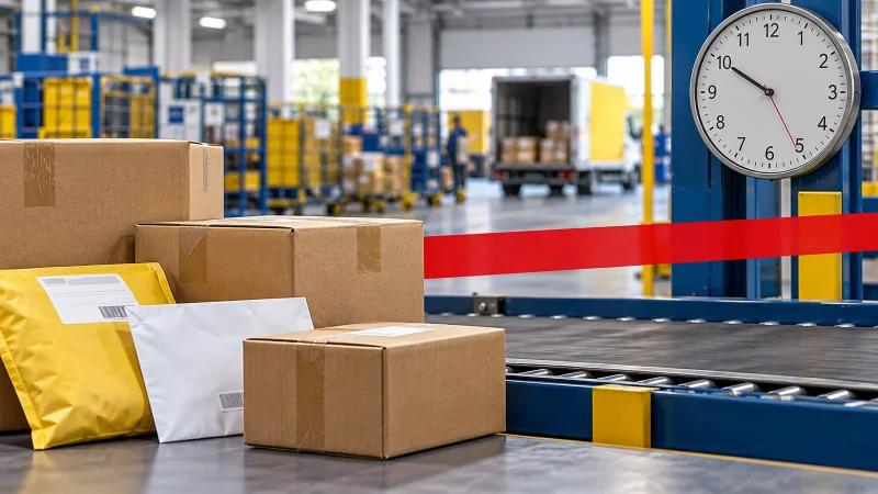 Caixas e envelopes diante de uma esteira parada representam a greve dos Correios e possíveis atrasos nas entregas