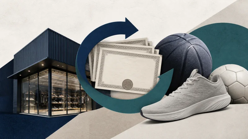 Loja esportiva, certificados e setas circulares representam o programa de recompra do Grupo SBF