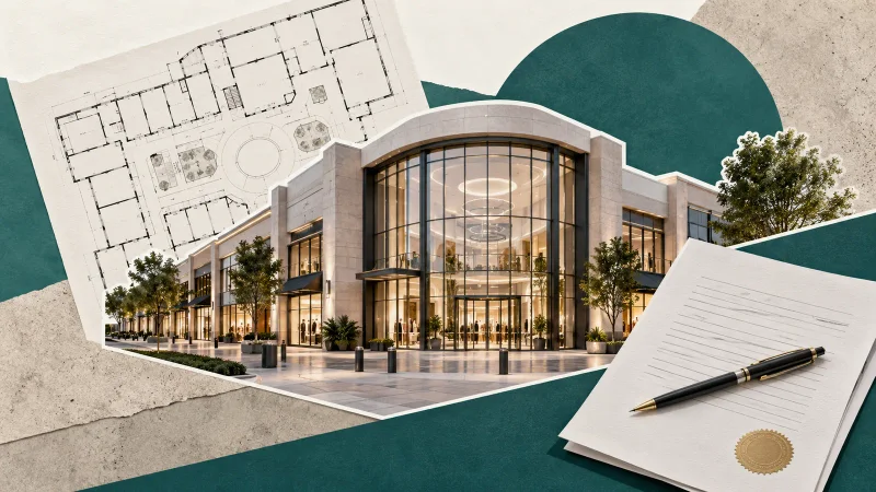 Colagem clean com shopping center, planta e documento financeiro