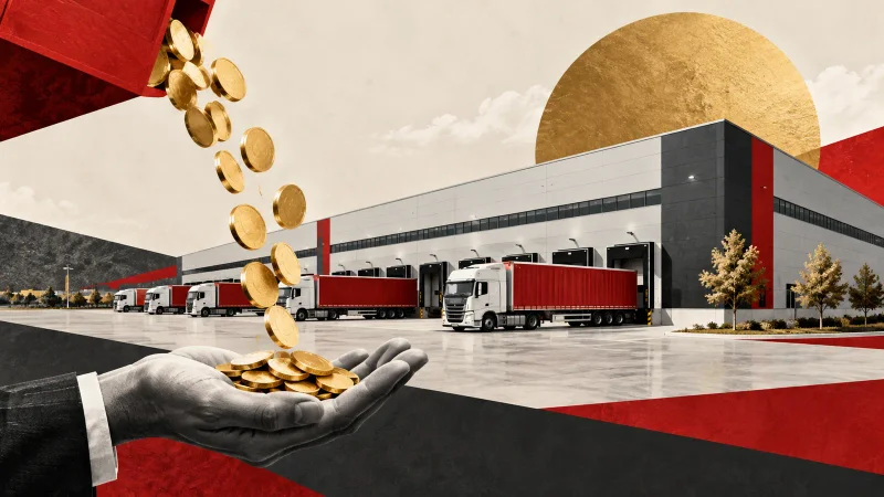 Colagem clean com galpão logístico, caminhões e moedas