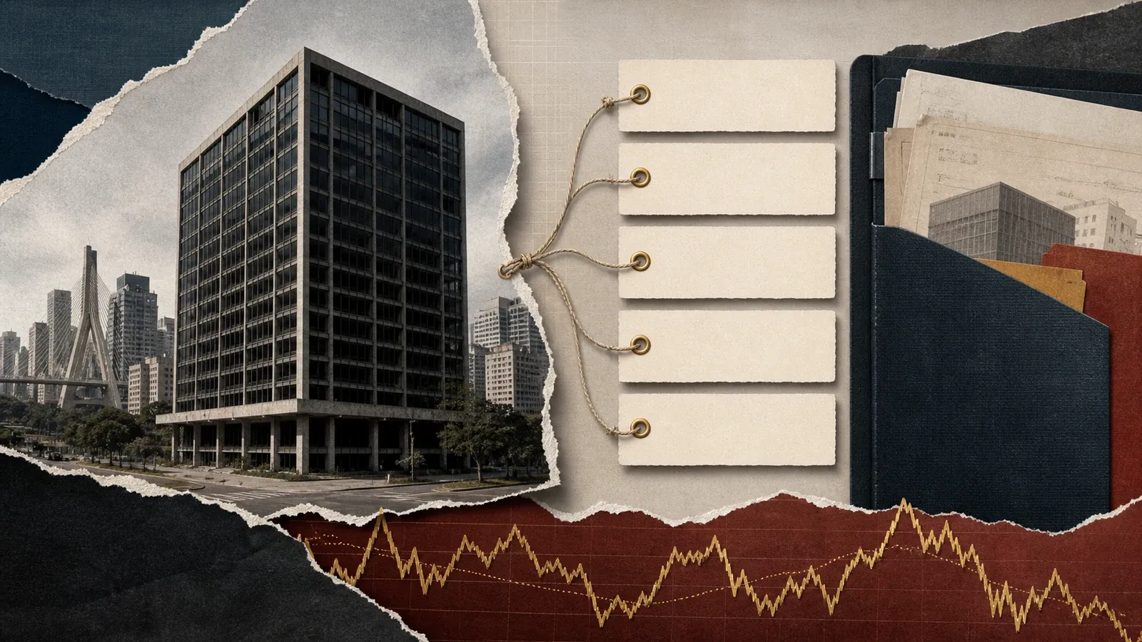 Colagem editorial com prédio comercial vazio e parcelas da venda informada pelo HGRE11