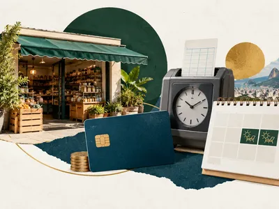 Colagem clean com pequeno comércio, cartão de crédito, relógio de ponto e calendário de dois dias de descanso